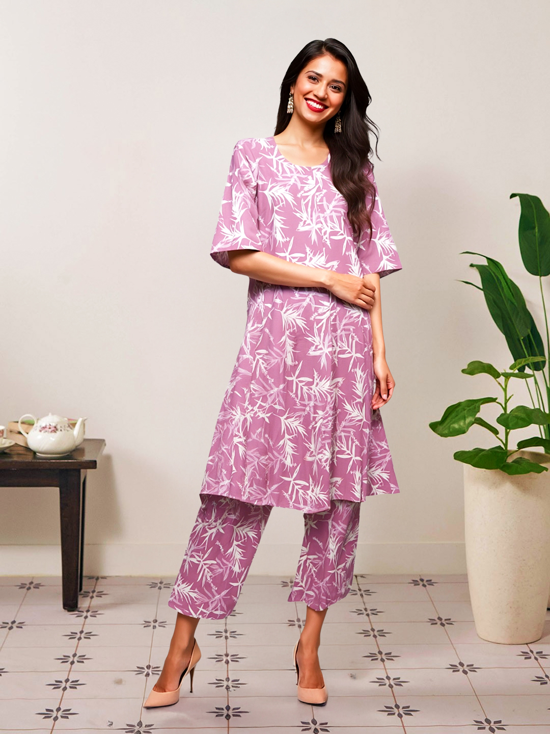 Picture of Lavender Leaf Printed Kurta with Palazzo Set
